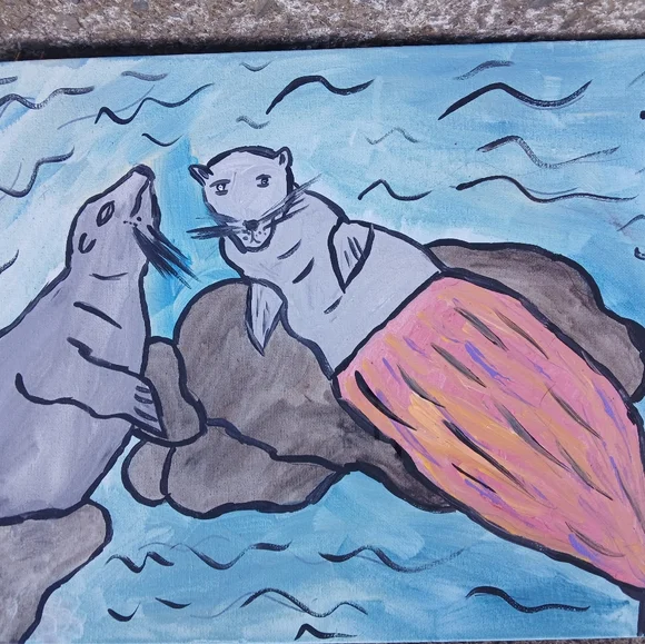 Sea Lions Mermaid Painting Folk Art - Picture 2 of 14
